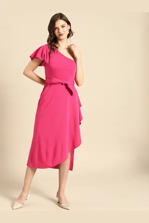 DODO & MOA Women Pink Solid One Shoulder Midi Fit and Flare Dress with Belt