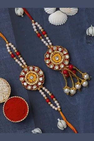 eCraftIndia Set Of 2 Designer Bhaiya Bhabhi Rakhi Gift Set With Roli Chawal