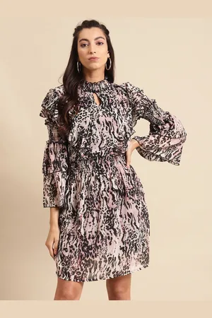DODO & MOA Women Off White & Black Printed Smocking A-Line Dress with Ruffle Detail