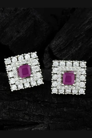 Alamod Silver-Plated Cubic Zirconia Square Studs Earrings