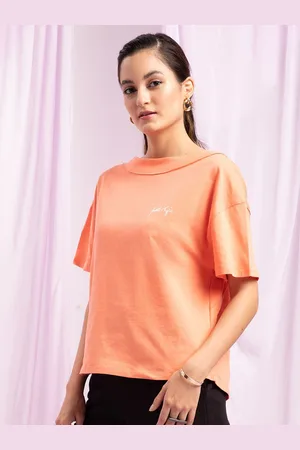 KENDALL + KYLIE Women Orange Solid Drop-Shoulder Sleeves Oversized Cotton T-shirt