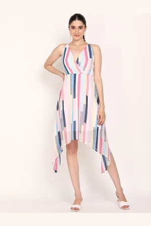 DODO & MOA Women White & Pink Striped Georgette Midi Dress