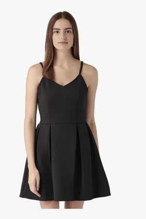 DODO & MOA Women Black Shoulder Straps Fit & Flare Scuba Mini Dress