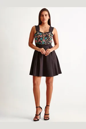 COVER STORY Black & Pink Floral Printed A-Line Mini Dress