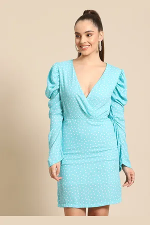 DODO & MOA Women Turquoise Blue & White Polka Dots Printed Wrap Dress