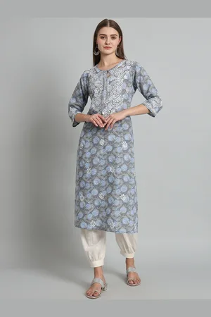 akheri Floral Printed Tie-Up Neck Chikankari Pure Cotton Straight Kurta
