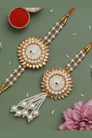 eCraftIndia Set Of 2 Beaded Bhaiya Bhabhi Rakhi With Roli Chawal