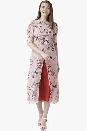 DODO & MOA Women Peach-Coloured & Red Floral Georgette A-Line Midi Dress