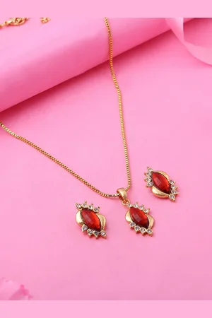 ESTELE Gold Plated Classic Designer Pendant Set with Red Stones Jewellery Set