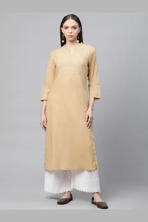 akheri Women Beige Floral Embroidered Chikankari Pure Cotton Kurta
