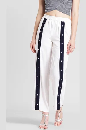 DODO & MOA Women White & Blue Regular Fit Striped Regular Trousers