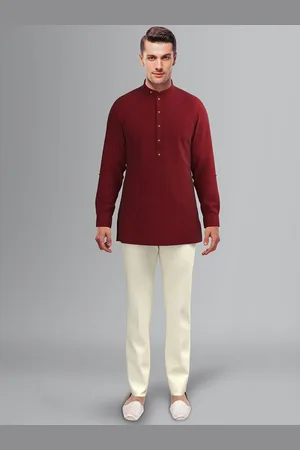TheEthnic.Co Band Collar Roll Up Sleeves Cotton Straight Kurta
