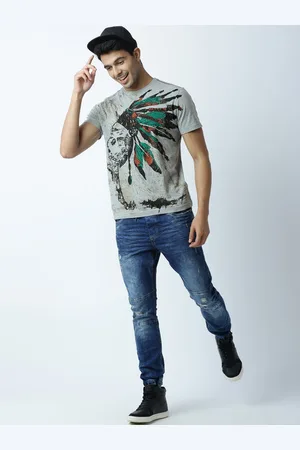 Huetrap Men Grey Melange Printed Round Neck T-shirt