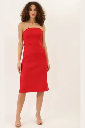 DODO & MOA Women Red Solid Off Shoulder Crepe Sheath Dress