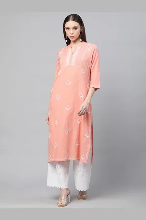 akheri Women Floral Embroidered Chikankari Jaali Buttas Pure Cotton Kurta