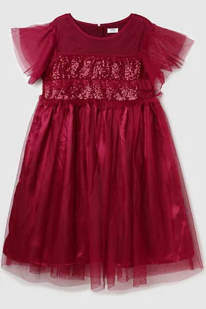 Max Collection Girls Self Design Round Neck Flutter Sleeves Ruffled Fit & Flare Dress