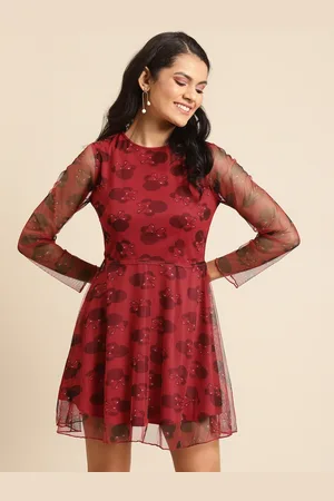 DODO & MOA Women Red Net Printed A-Line Dress