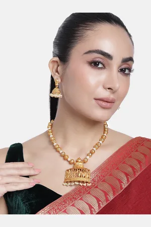 ESTELE Gold-Plated Pearls-Studded Temple Jewellery Set