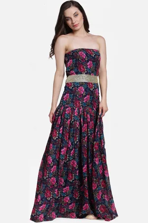 Cation Women Navy Blue & Pink Printed Tube Maxi Dress