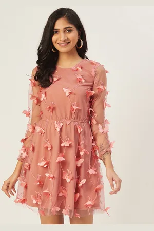 DODO & MOA Women Peach-Coloured Self Design Layered A-Line Dress