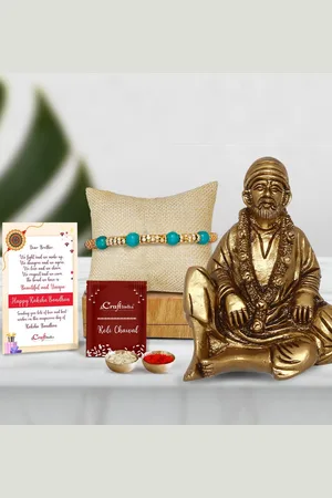 eCraftIndia Gold-Toned & Green Rakhi Gift Set