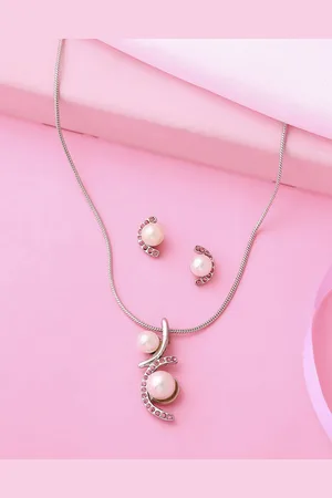ESTELE Rhodium Plated Crescent Designer Pendant Set with Pearl & Crystals for Women