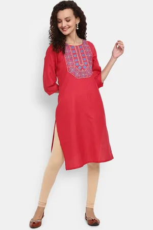 V-Mart Women Coral Ethnic Motifs Embroidered Cotton Round Neck Kurta