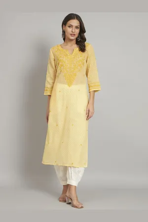 akheri Leheriya Printed Round Neck Thread Work Straight Kurta