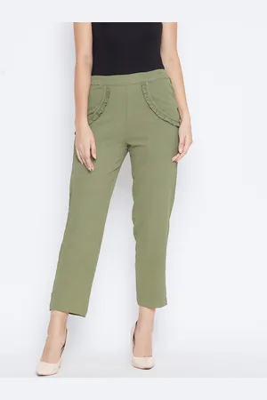 DODO & MOA Women Olive Green Regular Fit Solid Cropped Trousers