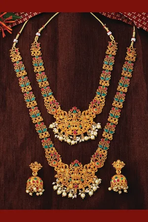 ESTELE Gold Plated Divine Laxmi Ji with Peacocks Bridal Necklace Set Combo