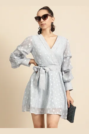 DODO & MOA Women Grey Self Design Puff Sleeves Wrap Dress with Belt