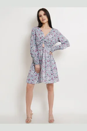 DODO & MOA Women Blue & Pink Floral Print Cuffed Smocked Sleeve A-Line Dress