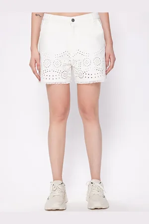 COVER STORY Women White Self Design Mid-Rise Denim Shorts