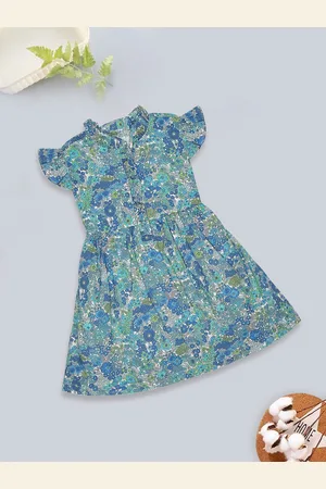 MeeMee Girls Floral Print Flutter Sleeve Cotton Fit & Flare Dress