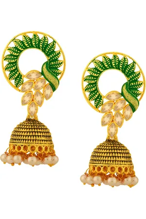 Alamod Gold-Plated Stone Studded & Beaded Dome Shaped Jhumkas