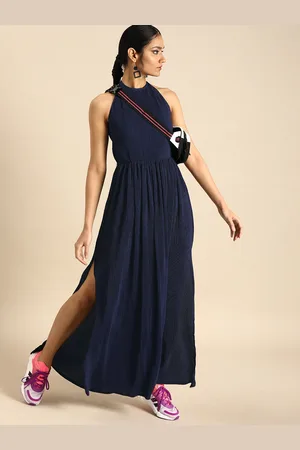 DODO & MOA Women Navy Blue Solid Accordion Pleated Maxi Dress Blouson Dress