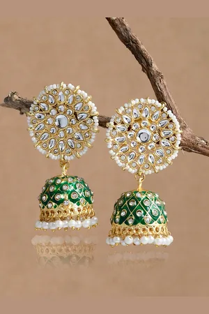 Dastoor Brass-Plated Dome Shaped Kundan Studded Jhumkas