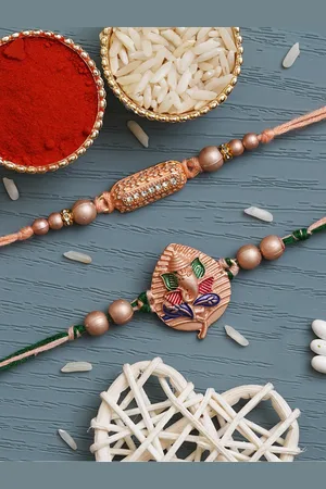 eCraftIndia Set Of 2 Lord Ganesha & Rectangle Shaped Rakhis With Roli & Chawal