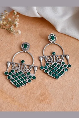 Dastoor Silver-Plated Stone-Studded Silver Contemporary Oxidised Drop Earrings
