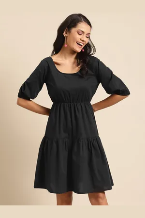 DODO & MOA Women Black Solid Tiered Pure Cotton A-Line Dress With Puff Sleeves
