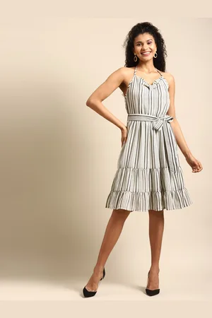 DODO & MOA Women Off-White & Charcoal Grey Striped A-Line Dress