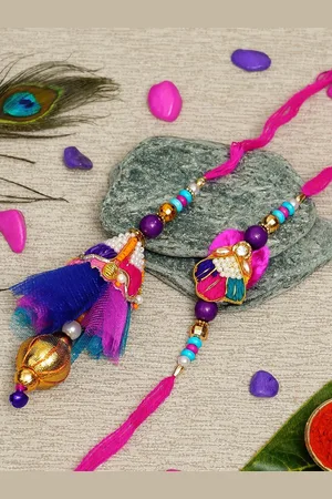 eCraftIndia Pink & Blue Designer Bhaiya Bhabhi Rakhi & Roli Chawal Pack