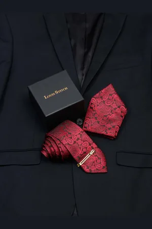 LOUIS STITCH Men Crimson Red Italian Silk Necktie Accessory Gift Set