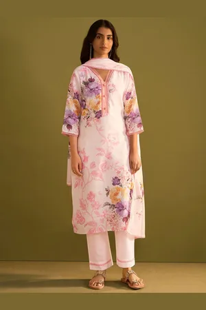 Indo Era Women Floral Printed Regular Beads and Stones Linen Kurta with Trousers & With Dupatta