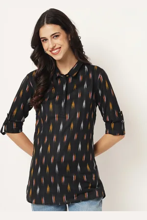 Kalini Geometric Print Roll-Up Sleeves Cotton Shirt Style Longline Top