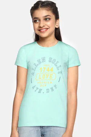 Allen Solly Girls Green & Navy Blue Brand Logo Printed T-shirt