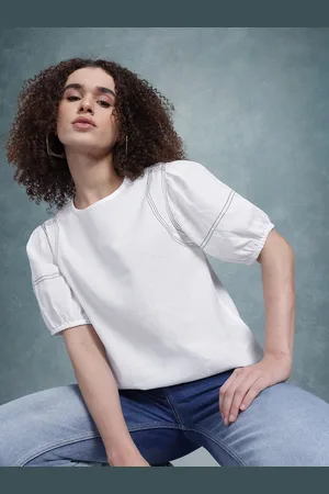 Roadster The Life Co. Contrast Stitch Puff Sleeve Cotton Top