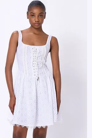 COVER STORY Women Self Design Square Neck Fit & Flare Pure Cotton Schiffli Dress