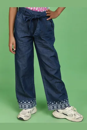 V-Mart Girls Mid Rise Embroidered Hem Denim Trousers