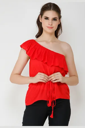 Cation Women Red Solid Cinched Waist Top